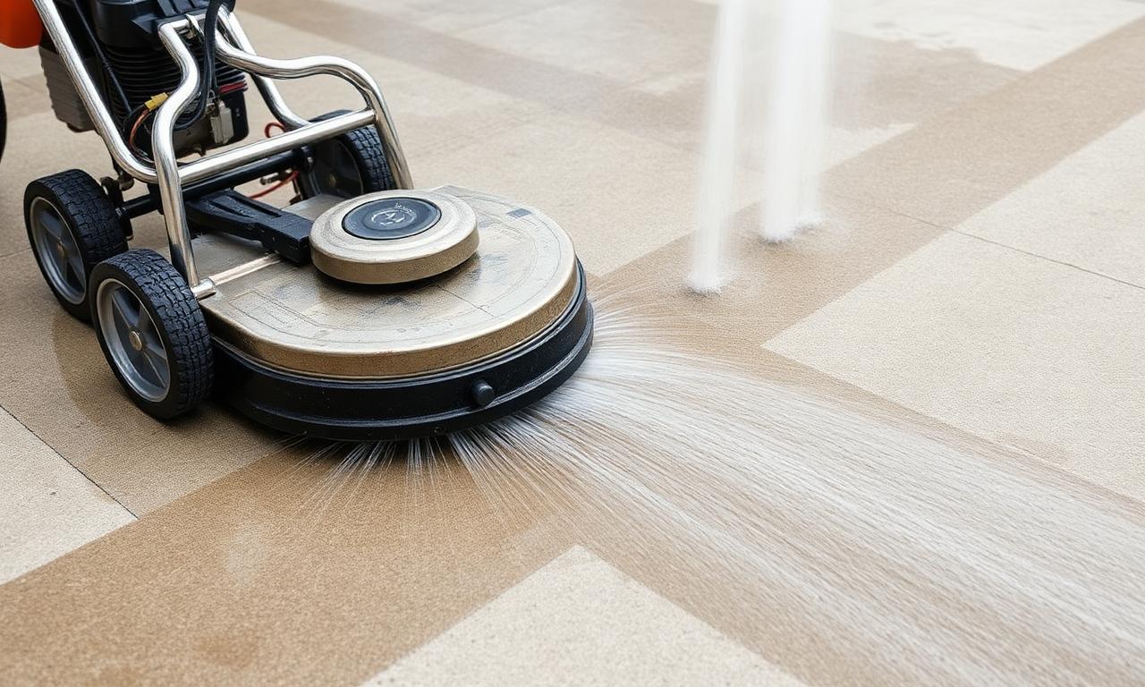 Commercial surface cleaner revealing a bright clean stripe across a dirty concrete driveway