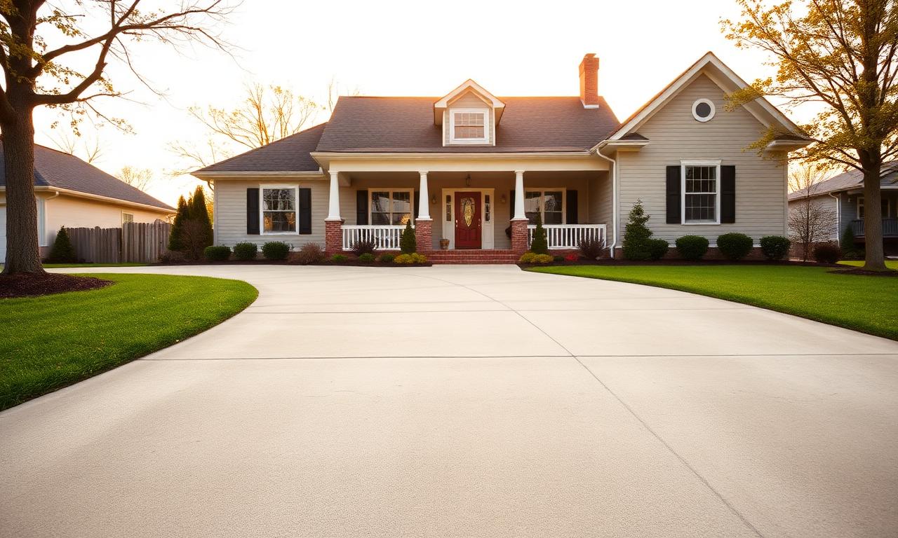 Freshly cleaned concrete driveway leading to an East Tennessee home at golden hour