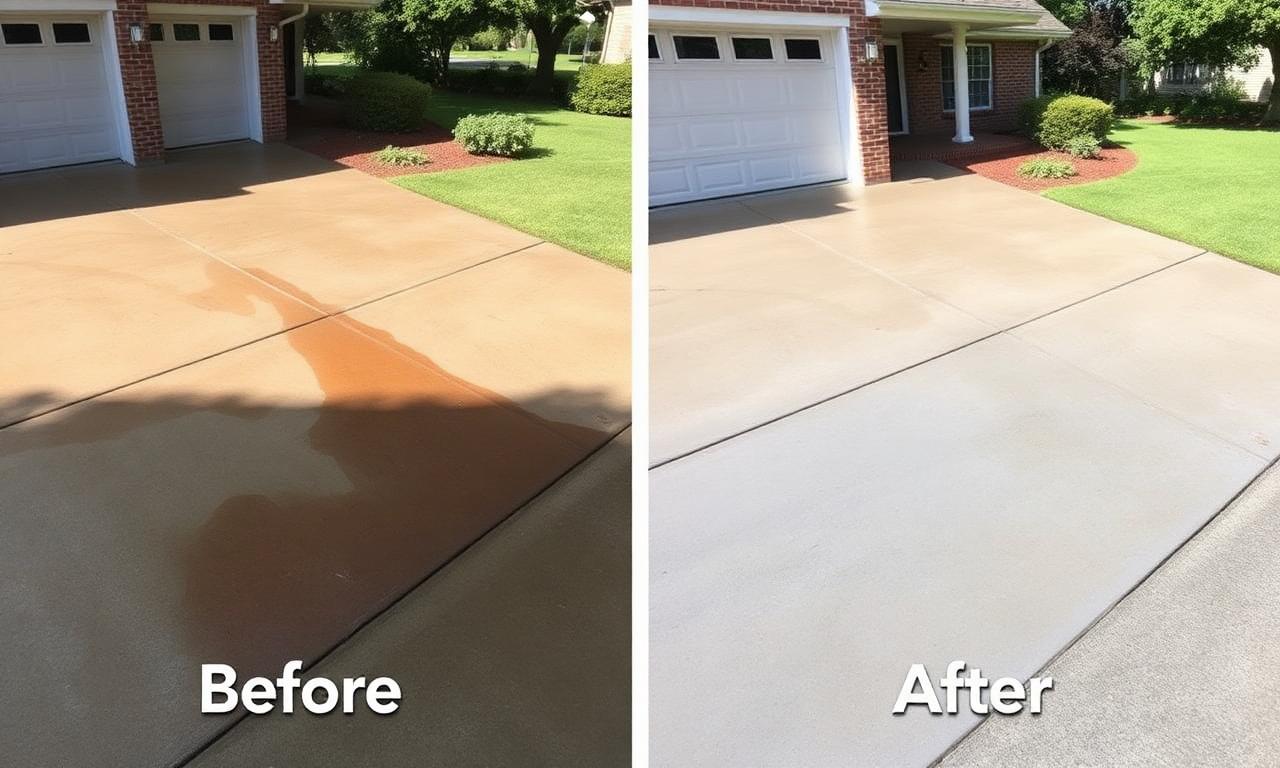 Before and after photo of a concrete driveway oil stain removed by professional pressure washing